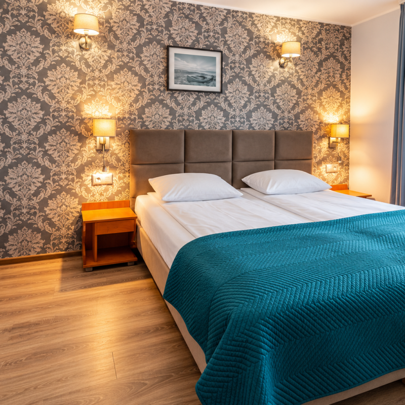 Przytulny pokój hotelowy z turkusowym łóżkiem